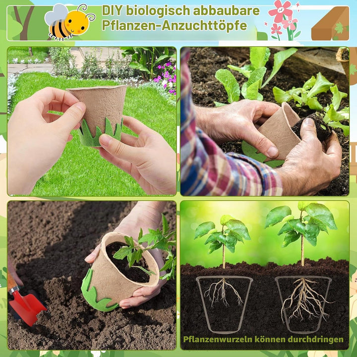 deAO Gartenset Kinder, Gartengeräte Spielzeug mit Schubkarre, Schaufel, Rechen, Blumentöpfe, Handsch