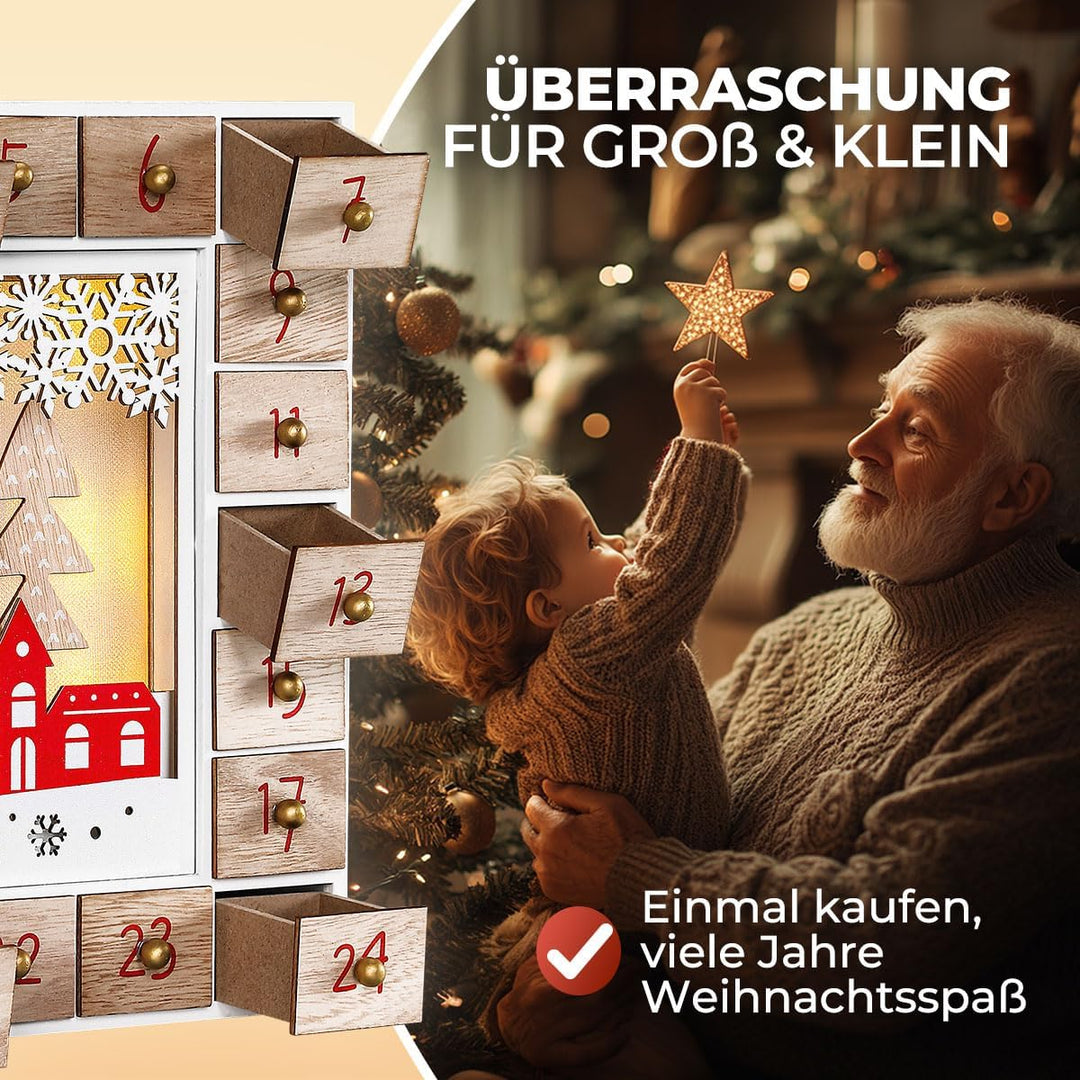 Spielwerk® Adventskalender zum selbst Befüllen Nachhaltig LED warmweiss 24 Türchen Weihnachtskalende