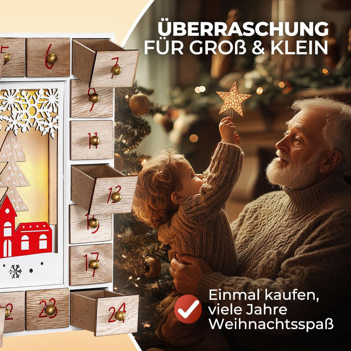 Spielwerk® Adventskalender zum selbst Befüllen Nachhaltig LED warmweiss 24 Türchen Weihnachtskalende