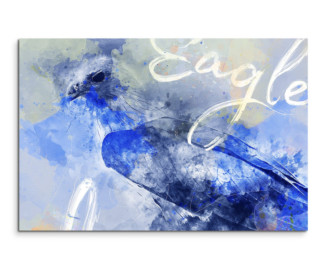 Paul Sinus Art Bild Leinwand 80x60cm Anmutiger Adler in Blautönen mit Kalligraphie, 80x60cm