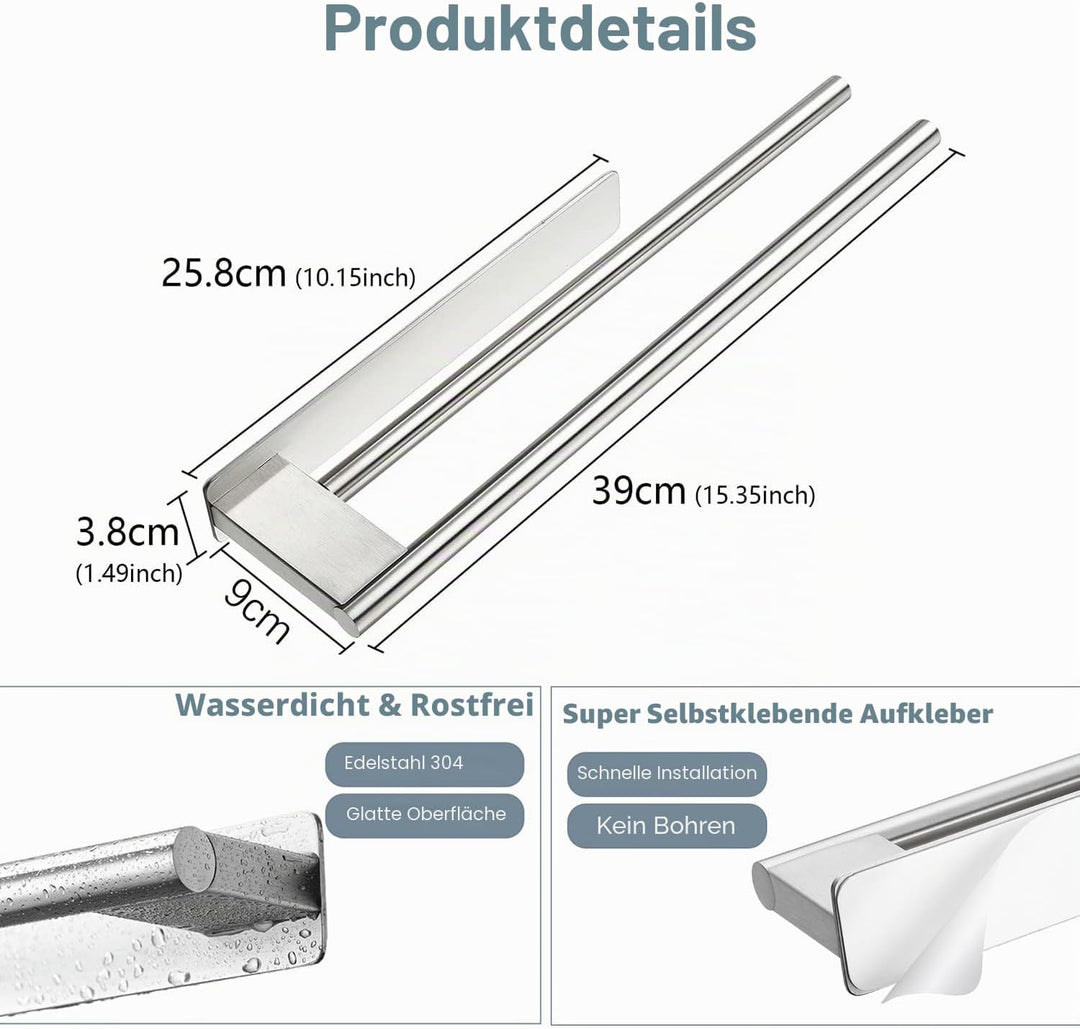 OETAMS Handtuchhalter Ohne Bohren Silber Doppelt Selbstklebend Handtuchstange Zweiarmig Badetuchhalt
