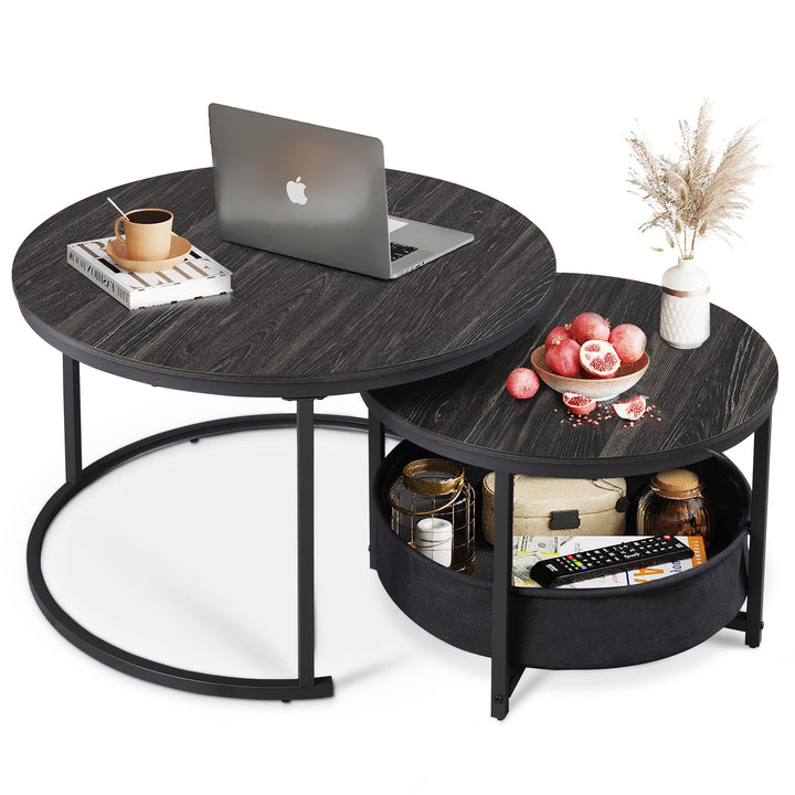 WLIVE Couchtisch Rund 2er Set, Beistelltisch mit Stoffkorb, Satztische Wohnzimmertisch mit Metallrah
