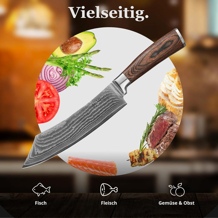 Wakoli EDIB Damast BBQ- und Blockmesser mit Gravur – Personalisiertes Messer, 20cm Klinge aus 67 Lag