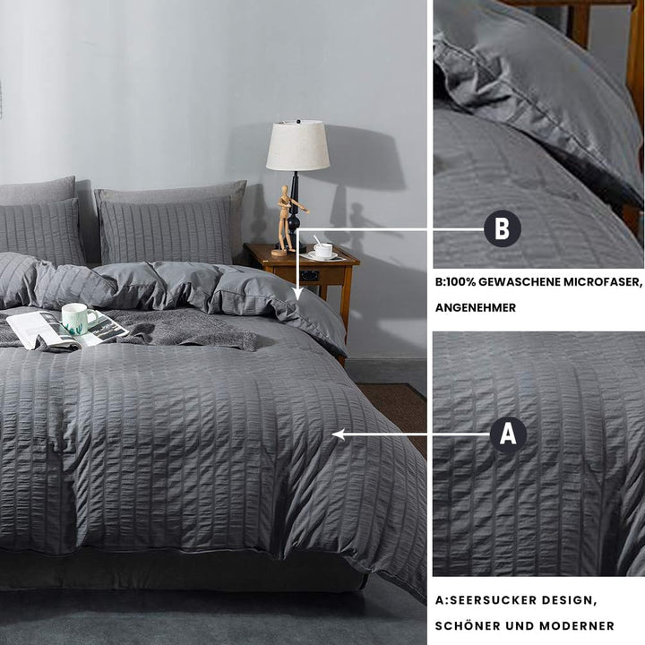 Boqingzhu Seersucker Bettwäsche Grau 155x220cm Sommer Atmungsaktiv Kühlende Wende Bettwäsche Set Bet