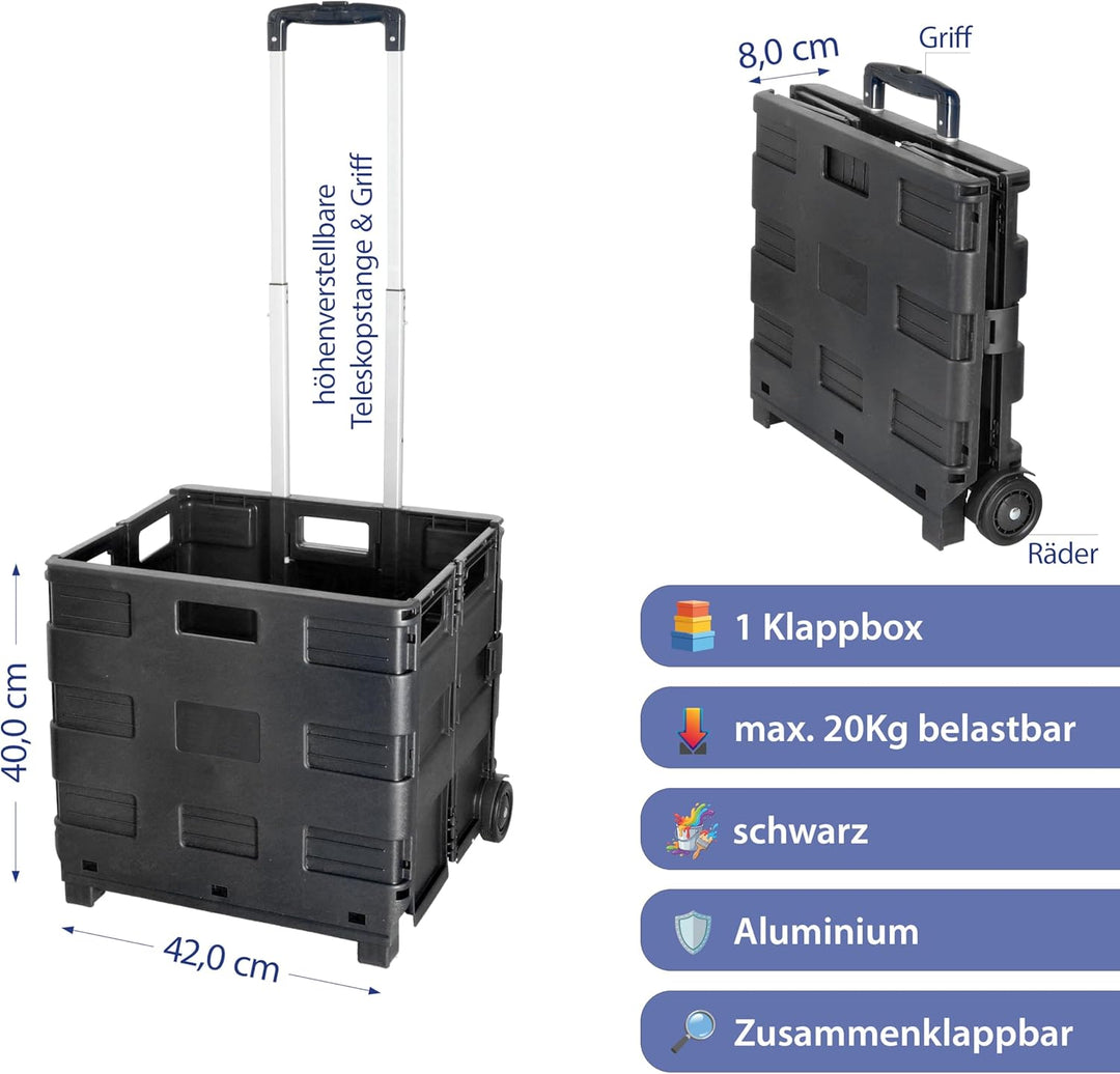 Klappbox Trolley | schwarz 42x40x37cm Kunststoff Aluminium | Klappkiste belastbar bis 20 Kg | Transp