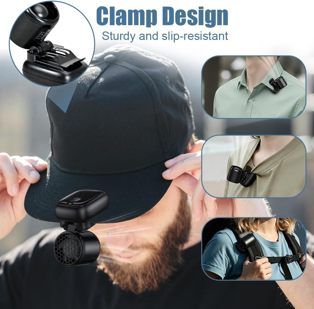 DONGKER Mini Clip-Ventilator für Baseball Cap, Freihändig Tischventilator | 1200mAh USB wiederauflad