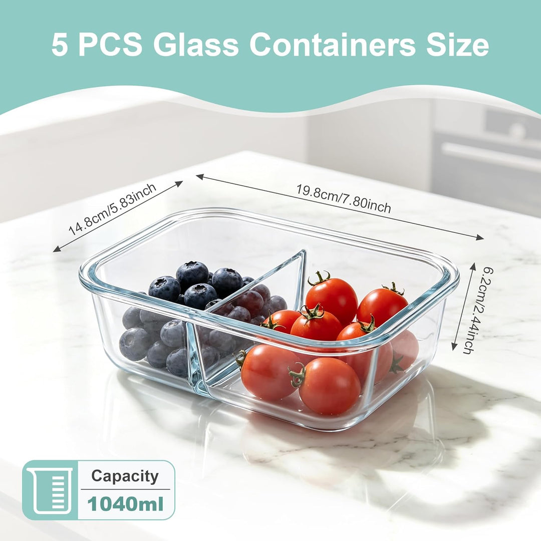 Zocipro 5 Stück Meal Prep Boxen Glas 1040ml mit 2 Fächern | Glasbehälter mit Deckel, Frischhaltedose