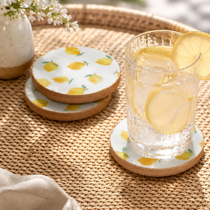 Decorasian Emaillierte Glasuntersetzer aus Mangoholz – 6er Set mit Halter Box (Ø 9,5cm) – Handgefert