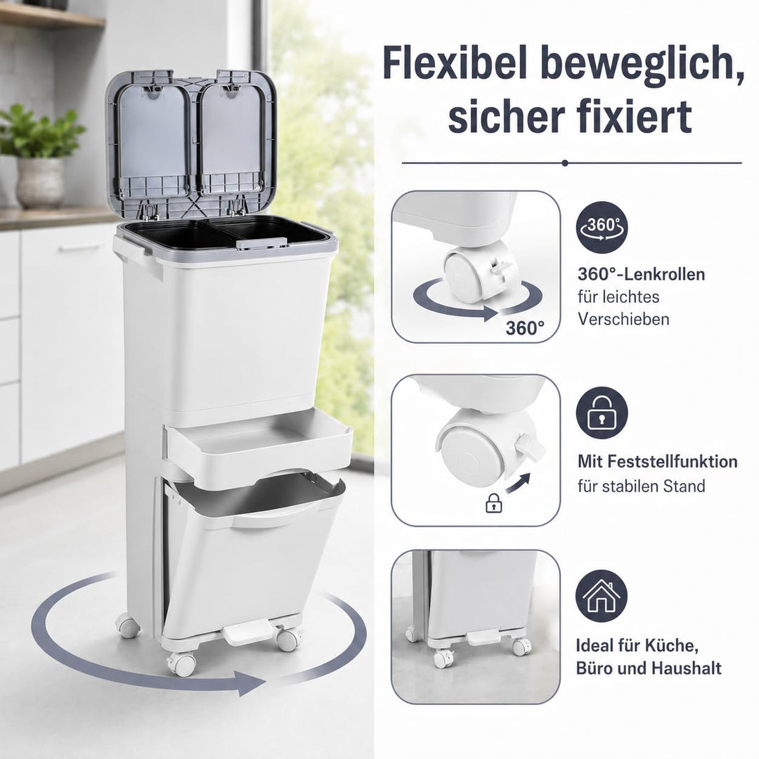 Grossvolumiger 42-Liter-Mülleimer mit 3 Fächern und Druckdeckel – Treteimer mit Fusspedal und Lenkro