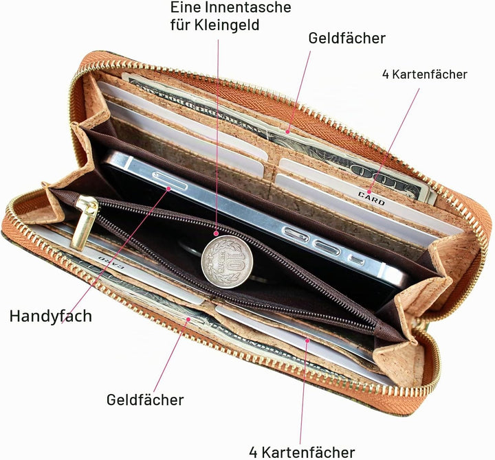 boshiho Kork Geldbörse Damen Vegan Portemonnaie aus Kork Grosse Nachhaltig RFID-Schutz Geldbeutel Ve