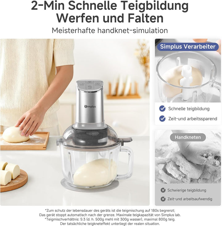 SIMPLUS Universalzerkleinerer mit Teigknetfunktion, 300W Elektrisch, 2.5L Glasbehälter, Multifunktio