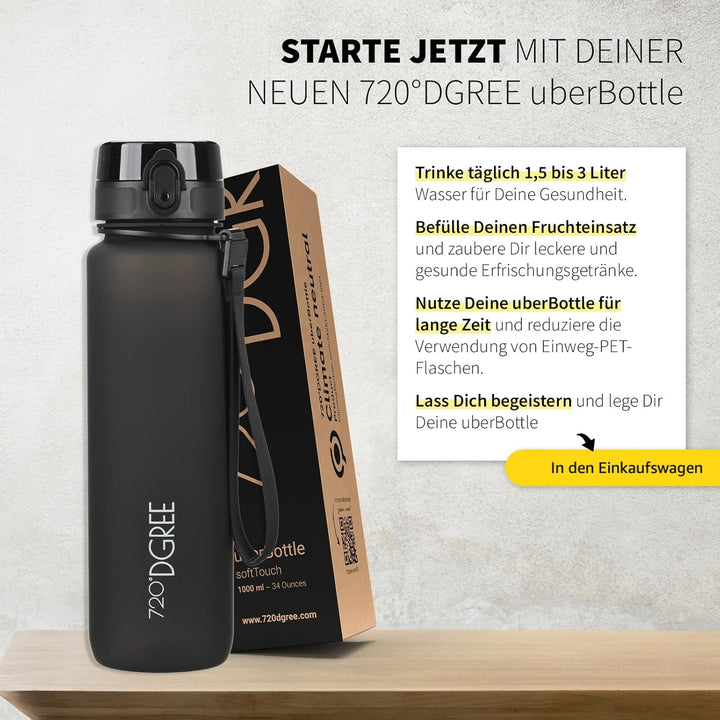 720°DGREE Trinkflasche 1l “uberBottle“ abnehmbare Schlaufe +Motivationsskala, Sieb - Auslaufsicher,