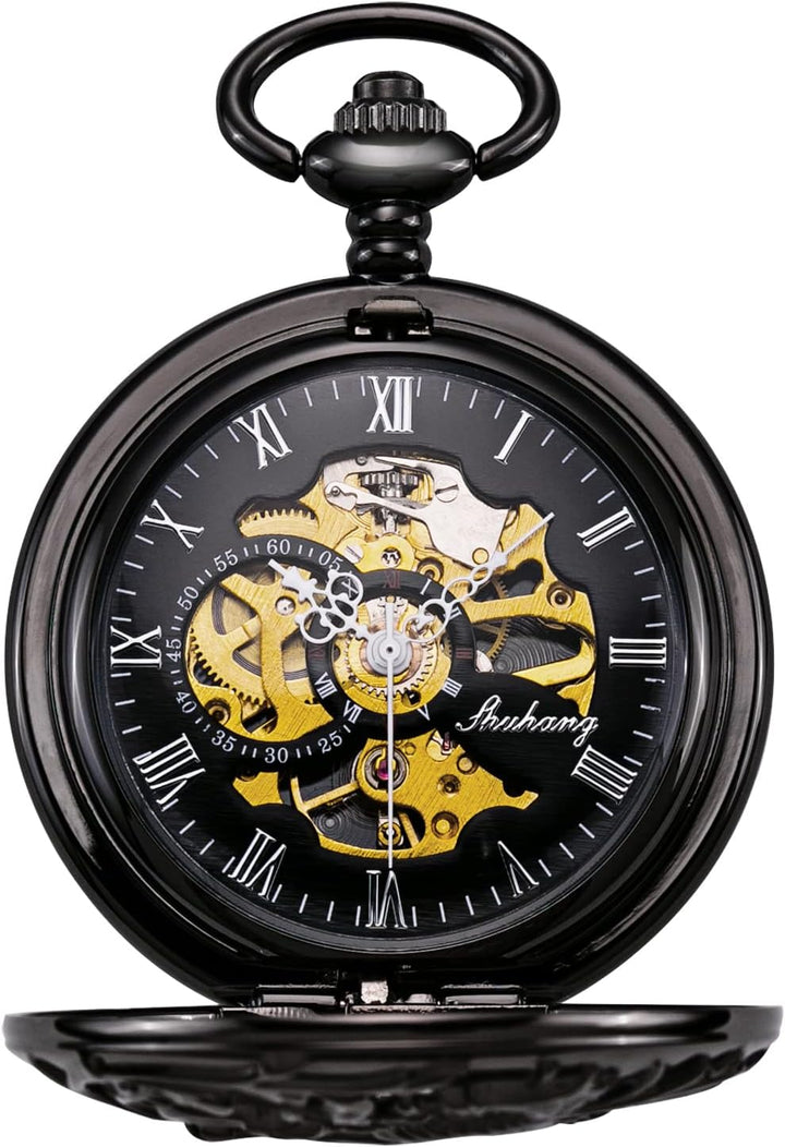 TREEWETO Unisex Taschenuhr mit Kette Analog Handaufzug Doppelscharnier Antik Drache Skelett Schwarz