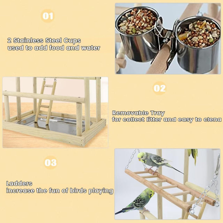 WishesMar Wellensittich Spielplatz Vogel-Spielplatz mit Feeder-Cup Spielzeug Leiter Erklimmen Schauk