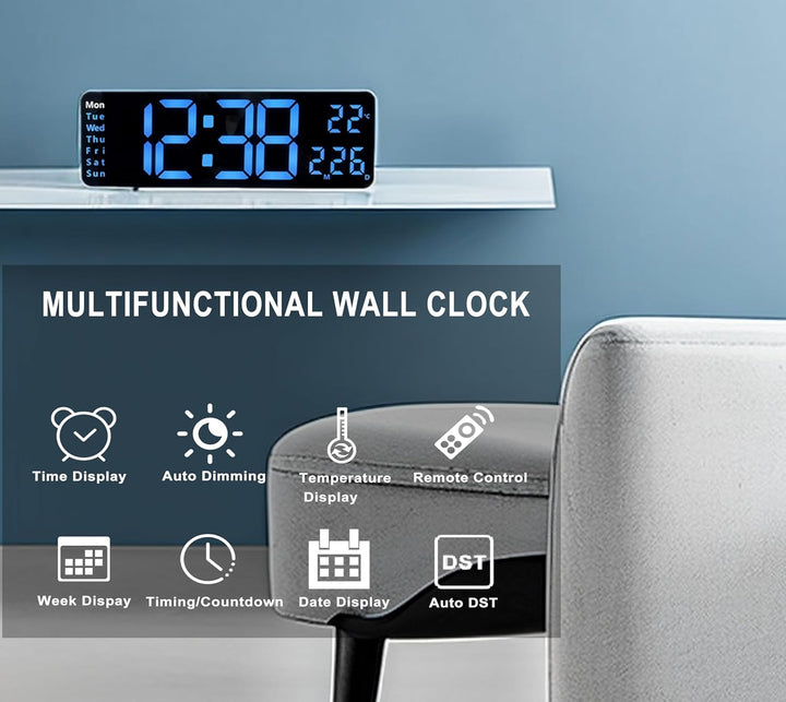 Digitaluhr, 11"-grosses LED-Wanduhrdisplay für Wohnzimmerdekor, Wecker mit Fernbedienung, Timer, 12/