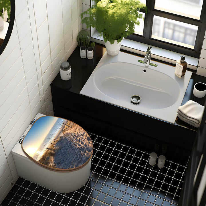 banjado® Design WC Sitz Bambus Absenkautomatik mit Motiv Nordseestrand/Toilettendeckel mit Absenkaut