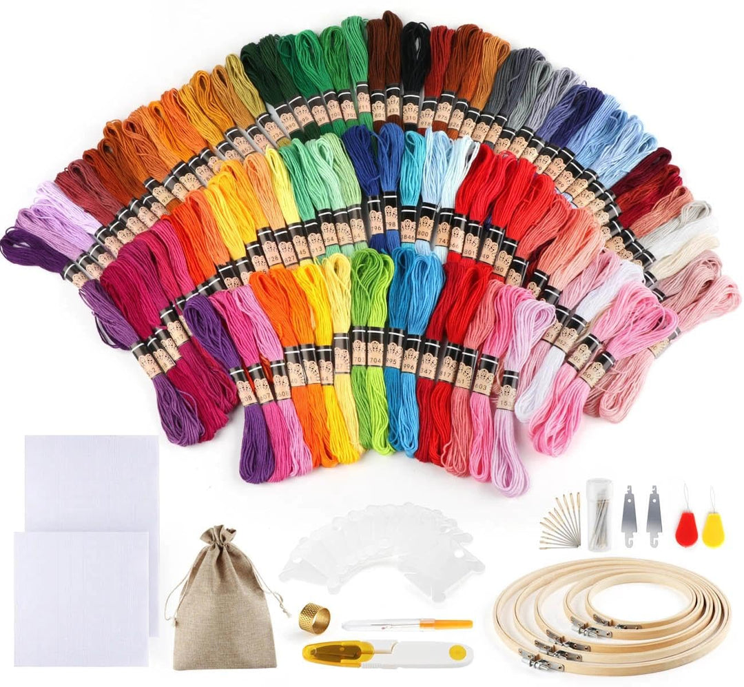 ilauke Stickgarn set 100 Farben,Kreuzstich Set mit Jutebeutel,Rahmen aus Bambus,Embroidery Floss Mul