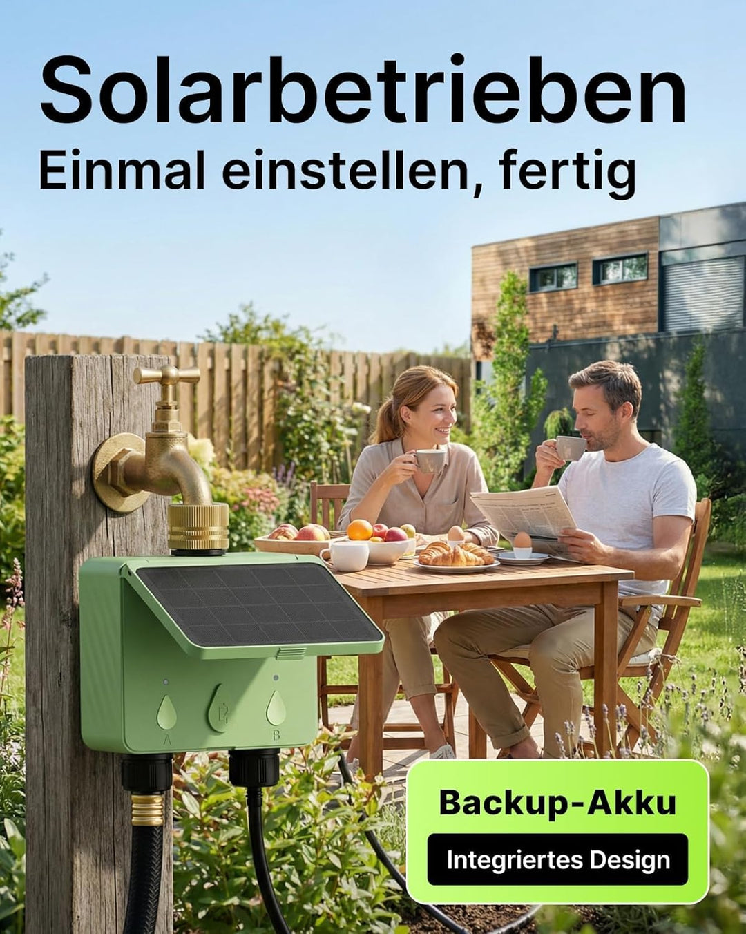 Solar WLAN Bewässerungscomputer für Garten, 2-Wege Smart Bewässerungsuhr mit Durchflussmesser, Kein