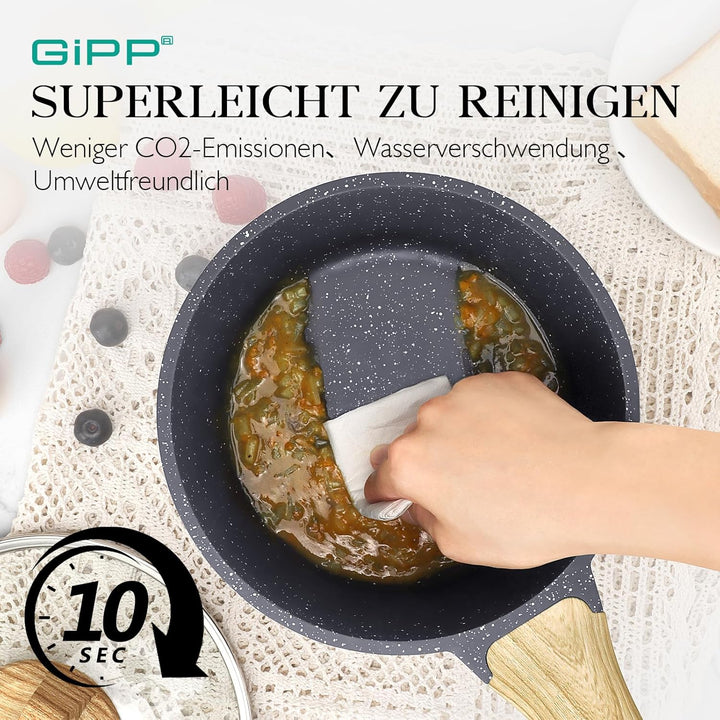 GiPP Kasserolle mit Deckel 18cm Kleiner, Topf Induktion Stielkasserolle, Granit-Antihaftbeschichtete