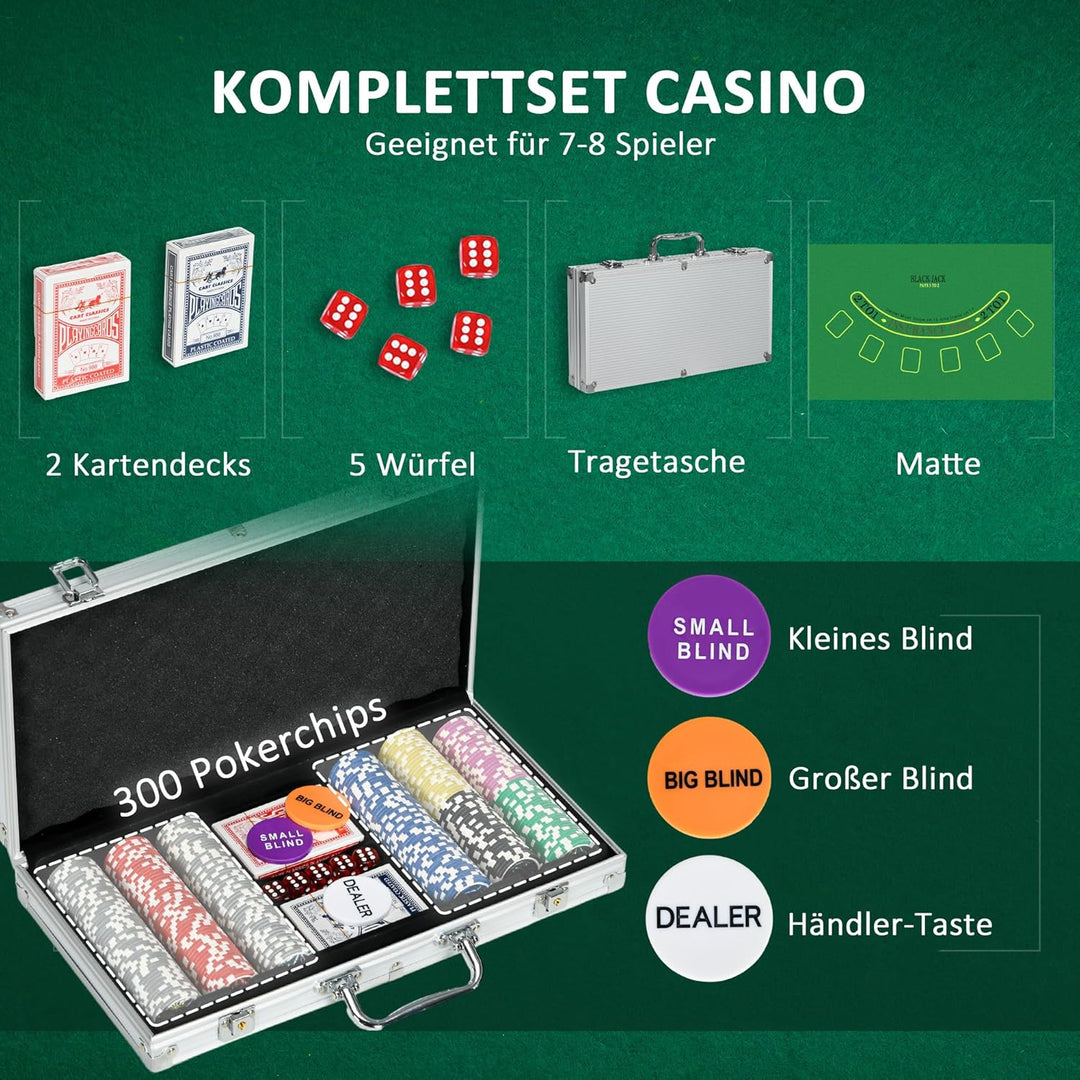 SPORTNOW Pokerkoffer Set, 300 Pokerchips 11,5 Gramm, Pokerset mit Schloss, 2 Pokerdecks, 5 Würfel, 1