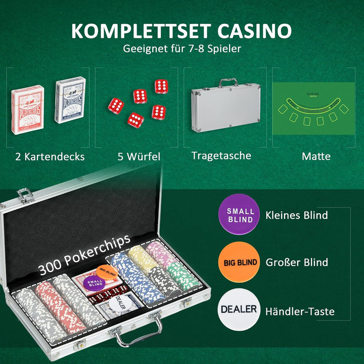 SPORTNOW Pokerkoffer Set, 300 Pokerchips 11,5 Gramm, Pokerset mit Schloss, 2 Pokerdecks, 5 Würfel, 1