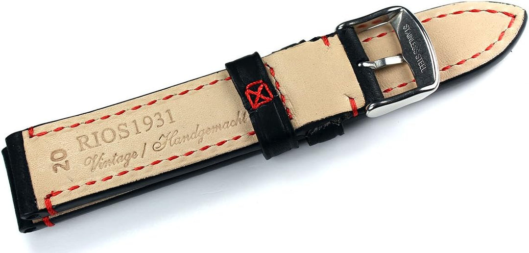 RIOS1931 20mm genuine Vintage Leder Deutsch Pilot robust Uhrenarmband schwarz rote Naht CT