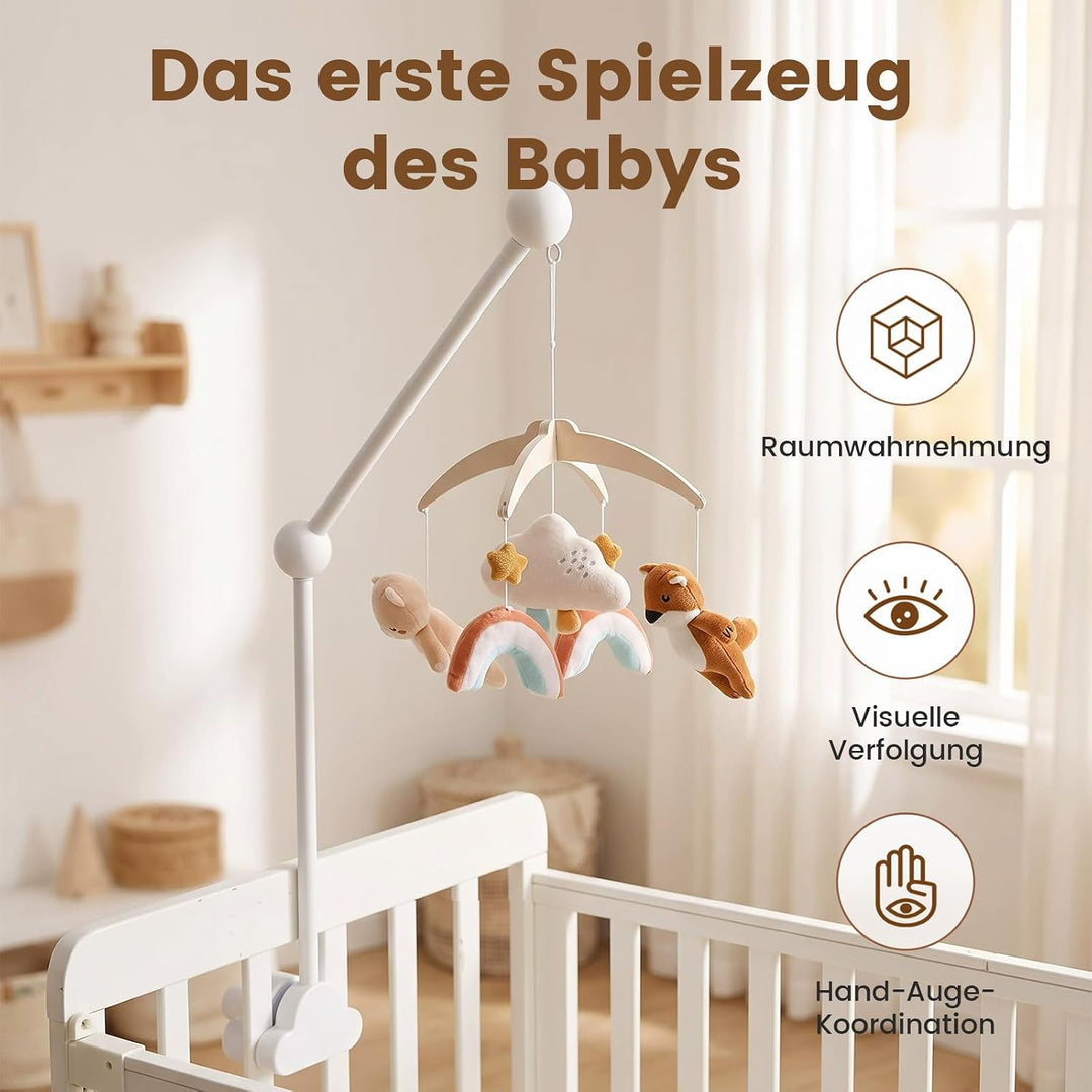 Baby Mobile Holz für Babybett, Regenbogen Wolke mit Plüsch Bär, Fuchs Mobile Baby, Mobile Baby Winds