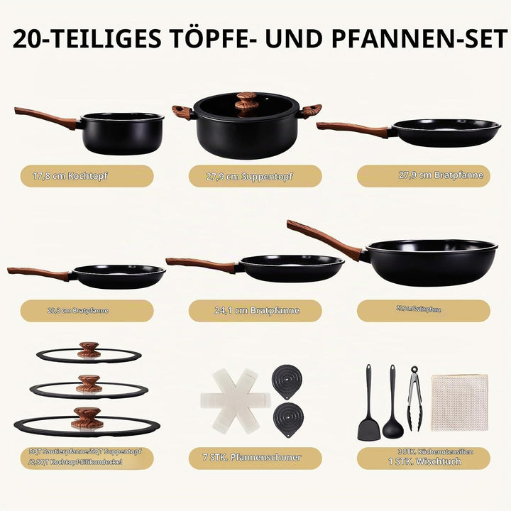 LEADZM Keramik Topfset Induktion，Pfannenset，Kochtopf Set mit Deckel，Induktions Töpfe Set，20-Teilig，A