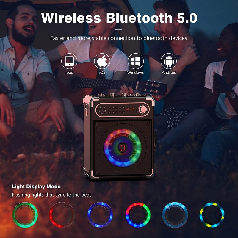 JAUYXIAN Bluetooth Lautsprecher, Party-Soundsystem mit 2 drahtlosen Mikrofon, Tragbarer Lautsprecher