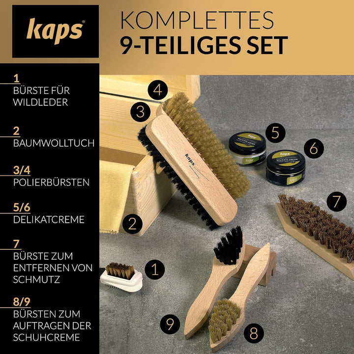 Kaps Schuhputzset für Lederschuhe & Stiefel – Schuhpflegeset mit Schuhcreme, Schuhbürsten & Poliertu