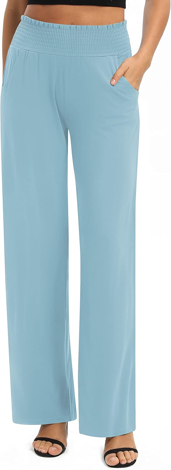 EXCHIC Damen Einfarbig Lose Gerade Geschnitten Palazzo Hose Hohe Taille Dehnbar Lounge Hose mit Tasc