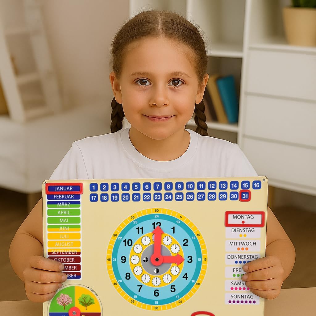 oqono Lernuhr aus Metall mit Magneten für Kinder, Kalenderuhr, farbenfrohe Lerntafel, Wochentage, We