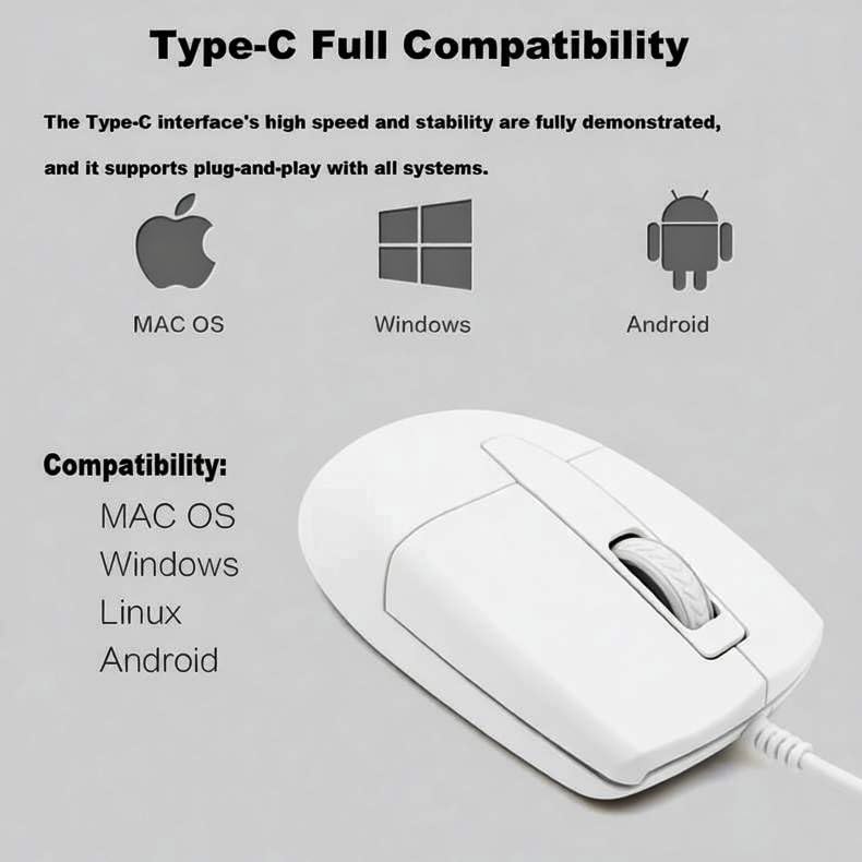 Kabelgebundene Maus USB C Geräuscharmes Klicken Optische Typ-C Mäuse mit 1.5m Kabel 1000 D-PI 3 Tast