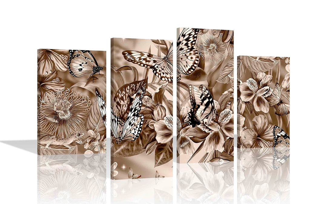 Kunstdruck auf Leinwand, abstrakt, Schmetterlinge und Blumen, 89 x 56 cm, Braun 89cm x 56cm (35 x 22