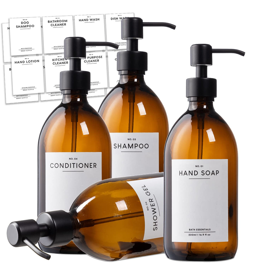 MONOKO 4er Set Seifenspender Glas - Spülmittelspender Küche - Shampoo Flaschen zum Befüllen - Duschg