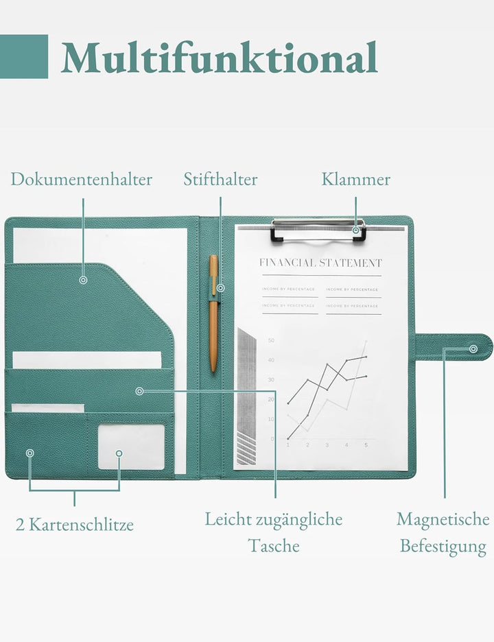 Mymazn Klemmbrett A4 mit Deckel, Mappe A4 Schreibmappe Klemmbrettmappe, PU-Leder Konferenzmappe A4 m