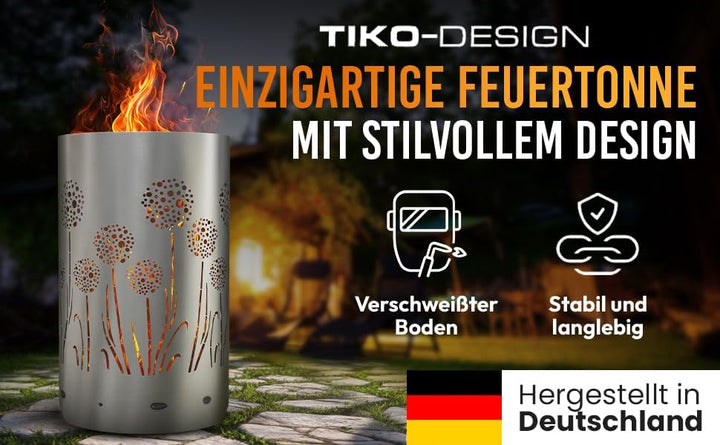 TiKo-Design Feuertonne Feuerkorb mit Motiv – Lagerfeuertonne mit Pusteblumen Motiv – Perfekt für gem