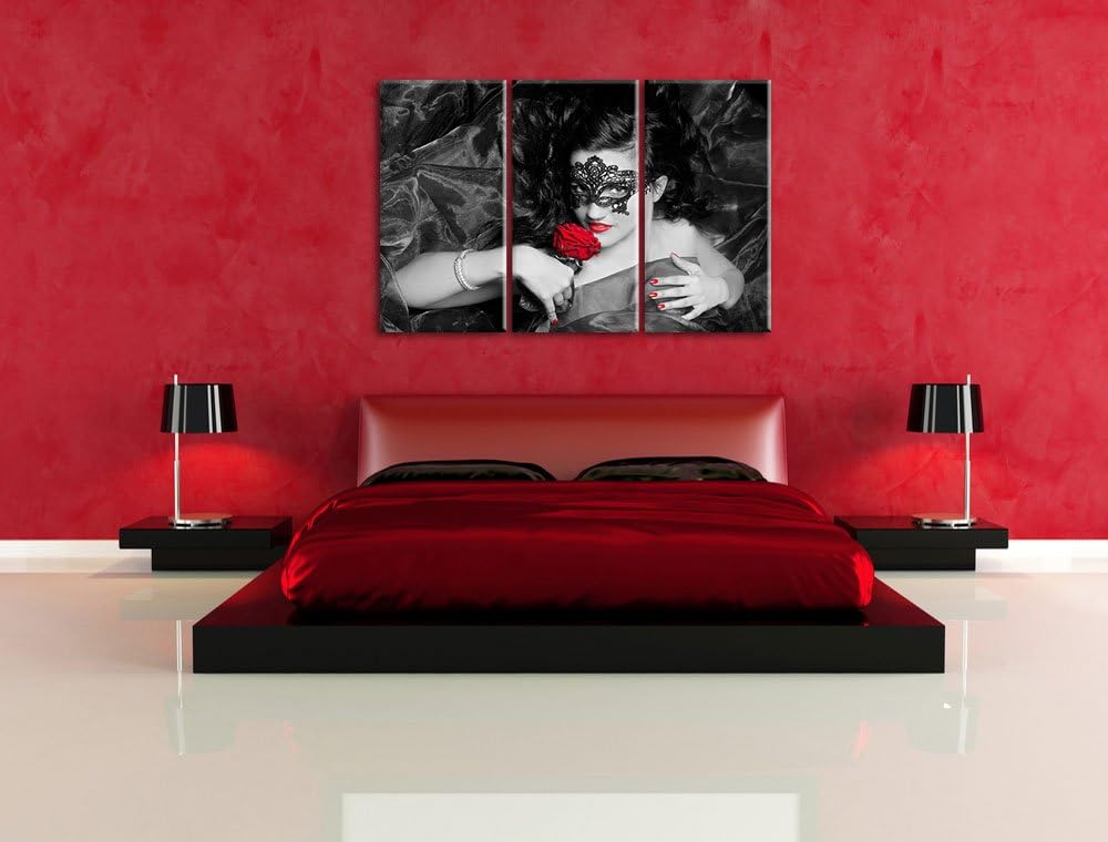 Maskierte Lady mit Rose schwarz/weiss 3-Teiler Leinwandbild 120x80 Bild auf Leinwand, XXL riesige Bi