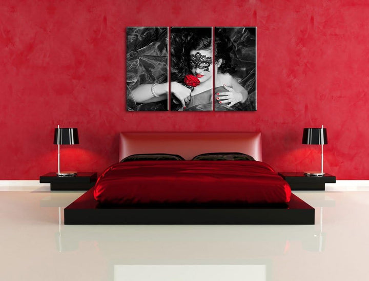 Maskierte Lady mit Rose schwarz/weiss 3-Teiler Leinwandbild 120x80 Bild auf Leinwand, XXL riesige Bi