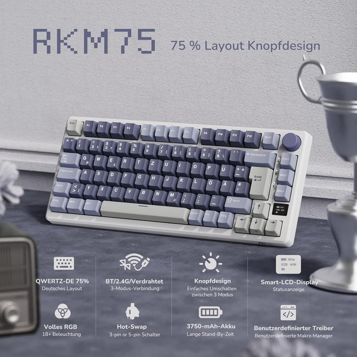 RK ROYAL KLUDGE M75 Gaming Tastatur kabellos 75% TKL Mechanische Tastatur RGB 2,4 GHz Wireless/Bluet