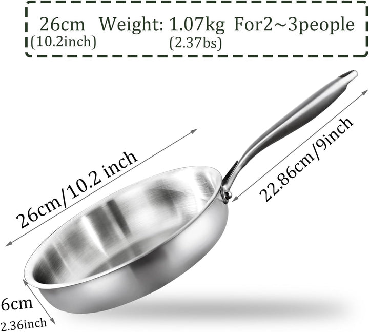 Dreilagige Edelstahl Bratpfanne 26cm,Edelstahlpfanne Unbeschichtet,Induktions Pfanne,Hocheffiziente