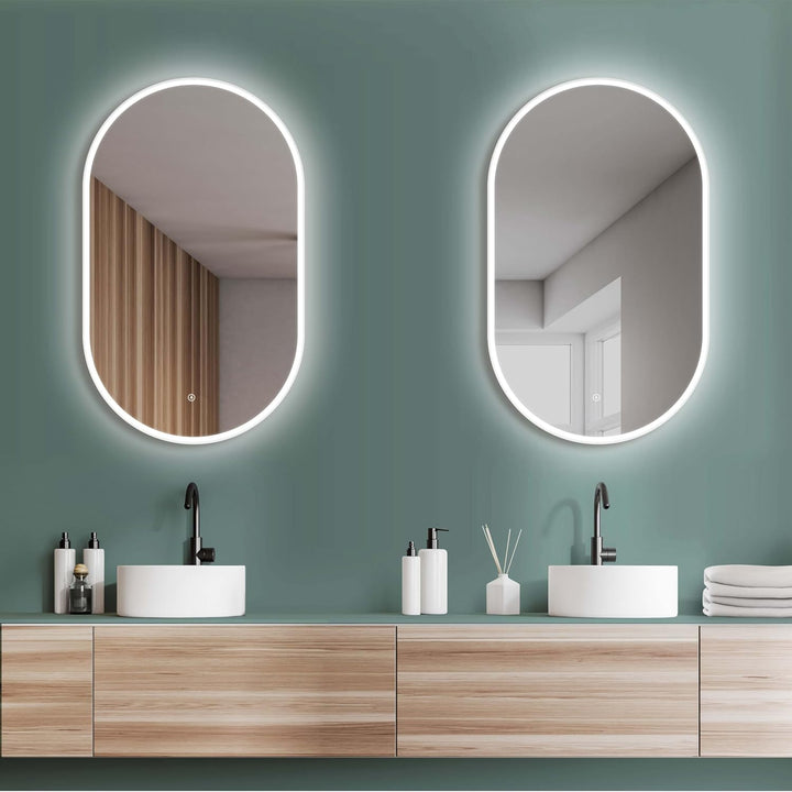 HOKO Design Badspiegel oval 45x75 cm / 75x45 cm Bern mit Energiesparend LED Beleuchtung und Metall R