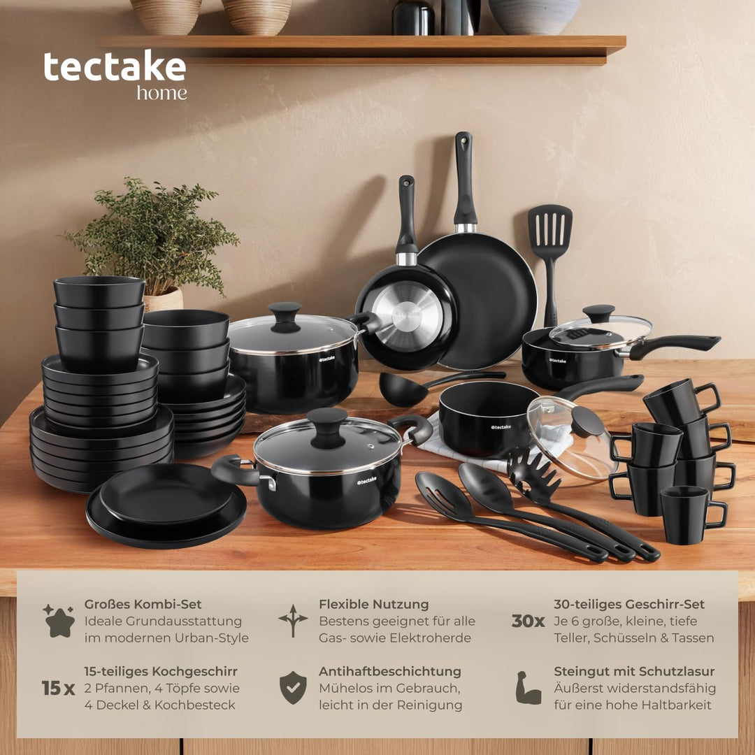 tectake® Küchenstarterset 6 Personen, Steingut Geschirr Set, Teller, 4 Töpfe 2 Pfannen rostfreies Al