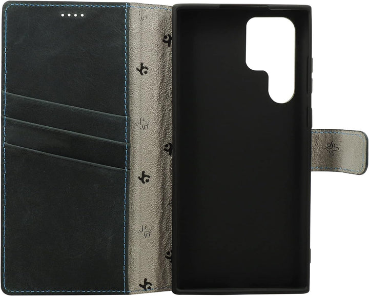 Suncase Book-Style Hülle kompatibel mit Samsung Galaxy S22 Ultra 5G Leder Tasche (Slim-Fit) Lederhül