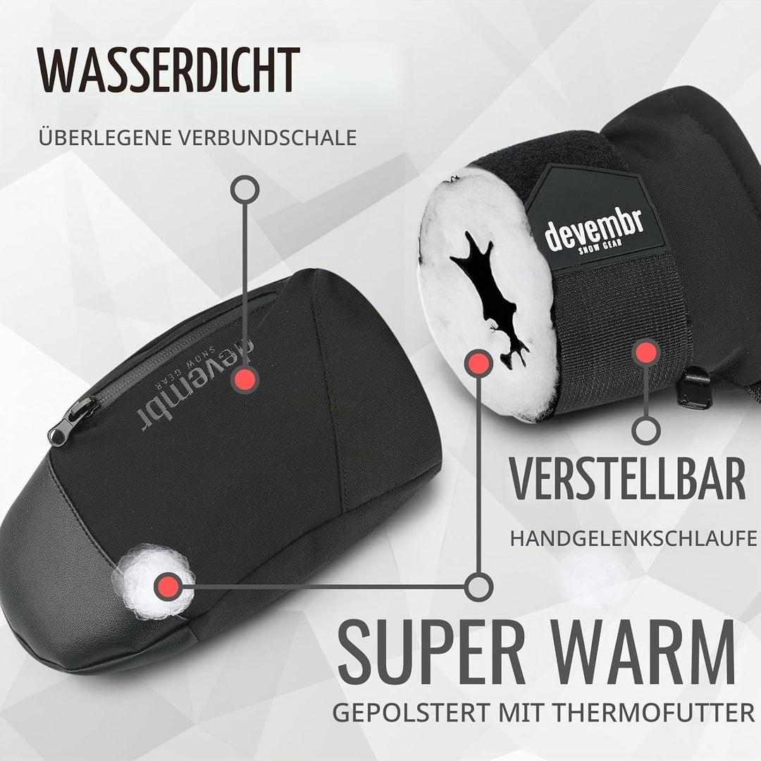 devembr Ski-Fäustlinge mit Handgelenkschützern, Warme Snowboard-Fäustlinge, Wasserdicht (S/M/L) Schw