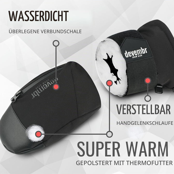 devembr Ski-Fäustlinge mit Handgelenkschützern, Warme Snowboard-Fäustlinge, Wasserdicht (S/M/L) Schw