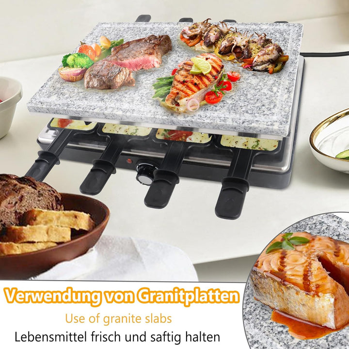 YARDIN Raclette Grill Grillplatte Tischgrill für 8 Personen, Steinplatte und Grillplatte Antihaftbes