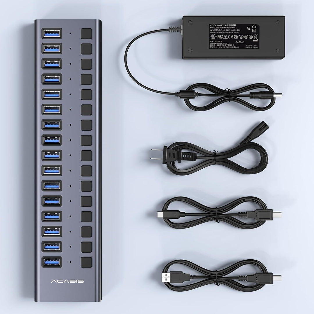 Powered USB 3.2 Hub, ACASIS 16 Ports USB 3.2 Hub mit 10Gbps Datenrate, Aluminiumgehäuse, USB Hub Pow