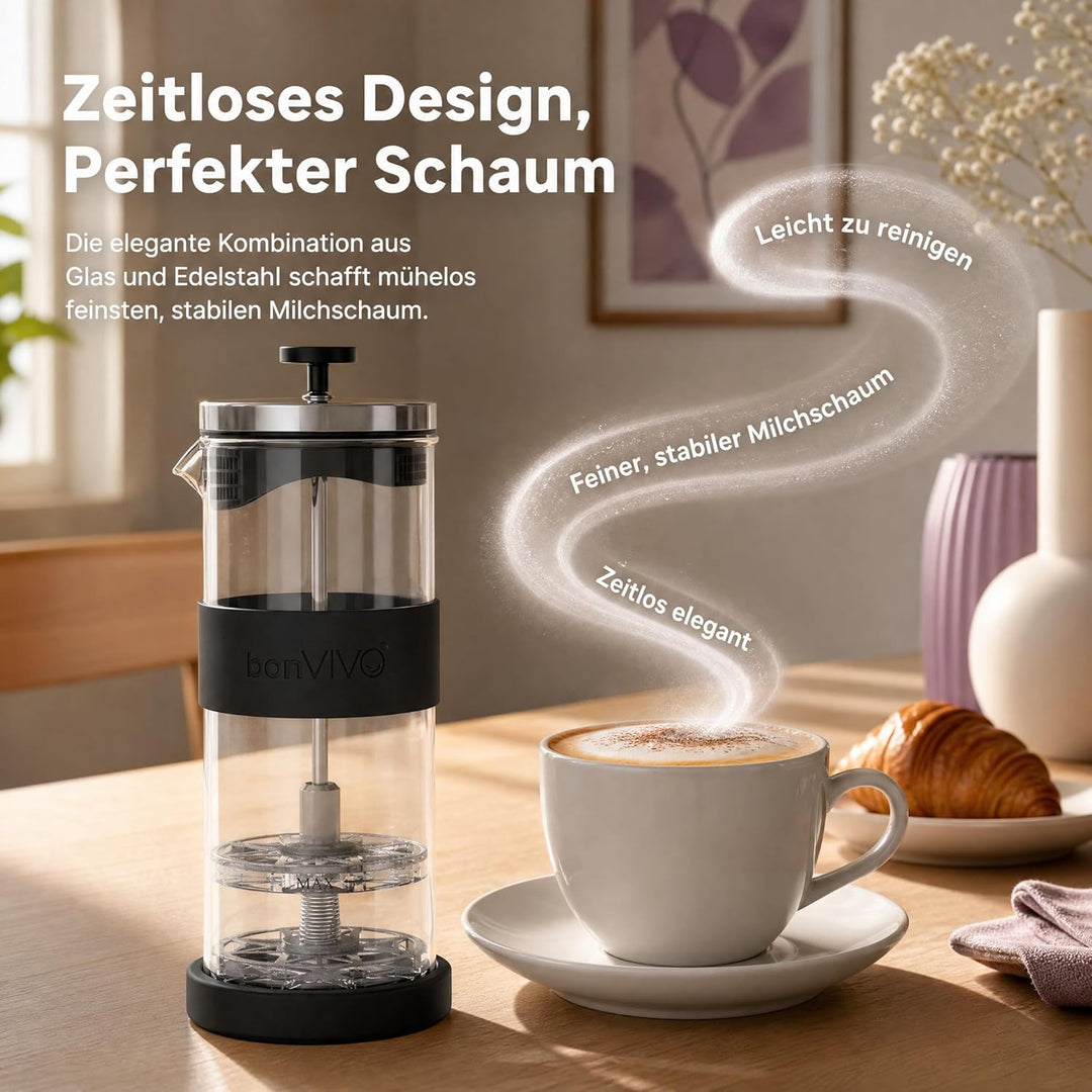 bonVIVO FOMO, Milchaufschäumer Manuell Betrieben, Milchaufschäumer Glas Und Edelstahl, Hand Milchsch