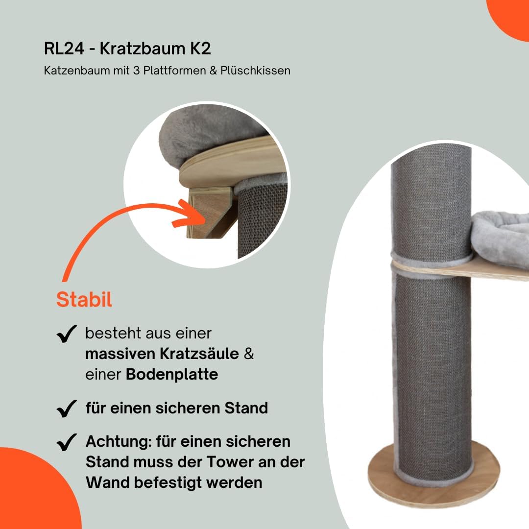 RL24 - Kratzbaum K2 – Katzenbaum mit 3 Plattformen & Plüschkissen in grau – mit Sisalteppich an der